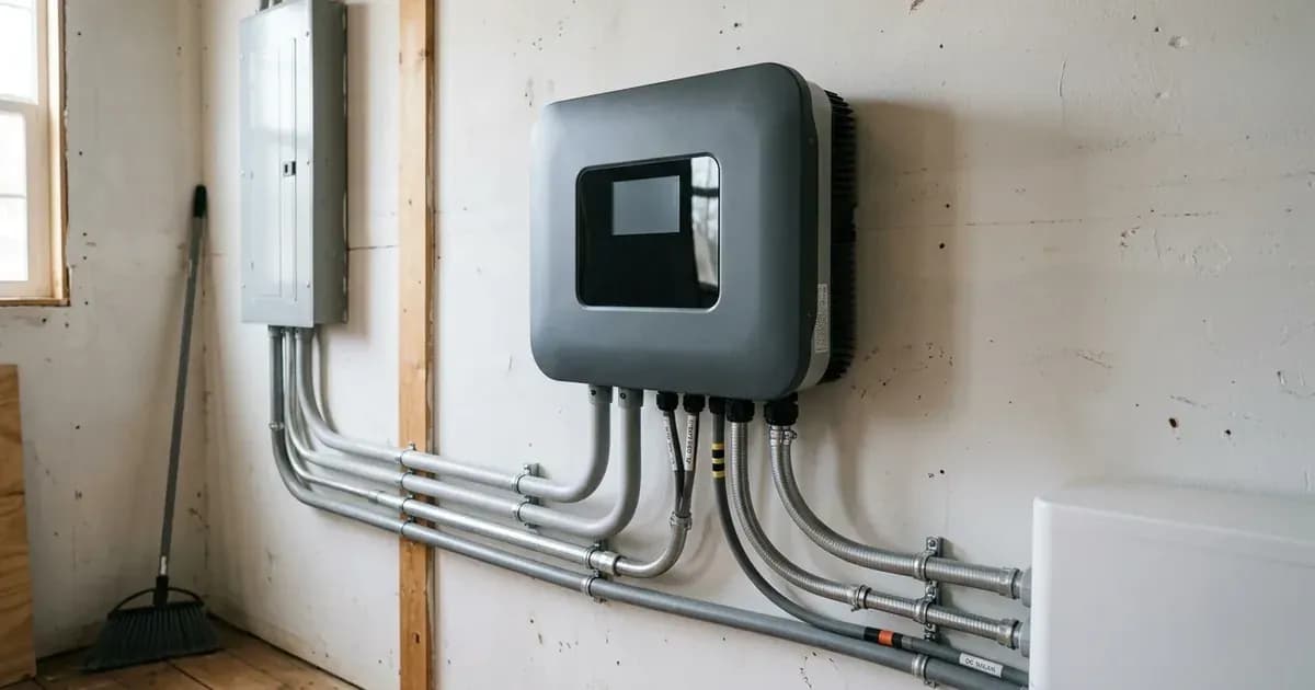 A solar hybrid inverter with a blank screen mounted on a wall alongside conduit piping and breaker box. — SolarNevs spec card