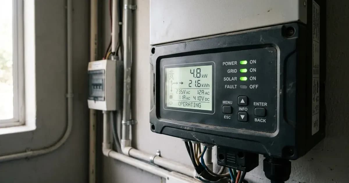 Close-up view of an operational solar inverter control panel and LCD screen with indicator lights. — SolarNevs spec card