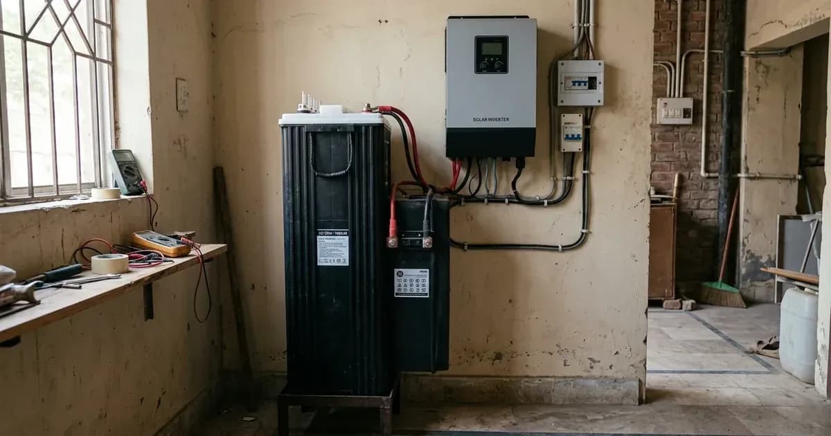 Tall tubular battery unit installed below a wall-mounted solar inverter with connected cables. — SolarNevs spec card