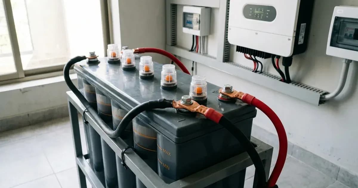 Tubular battery bank on a metal stand with red and black heavy gauge cables bolted to terminals. — SolarNevs spec card