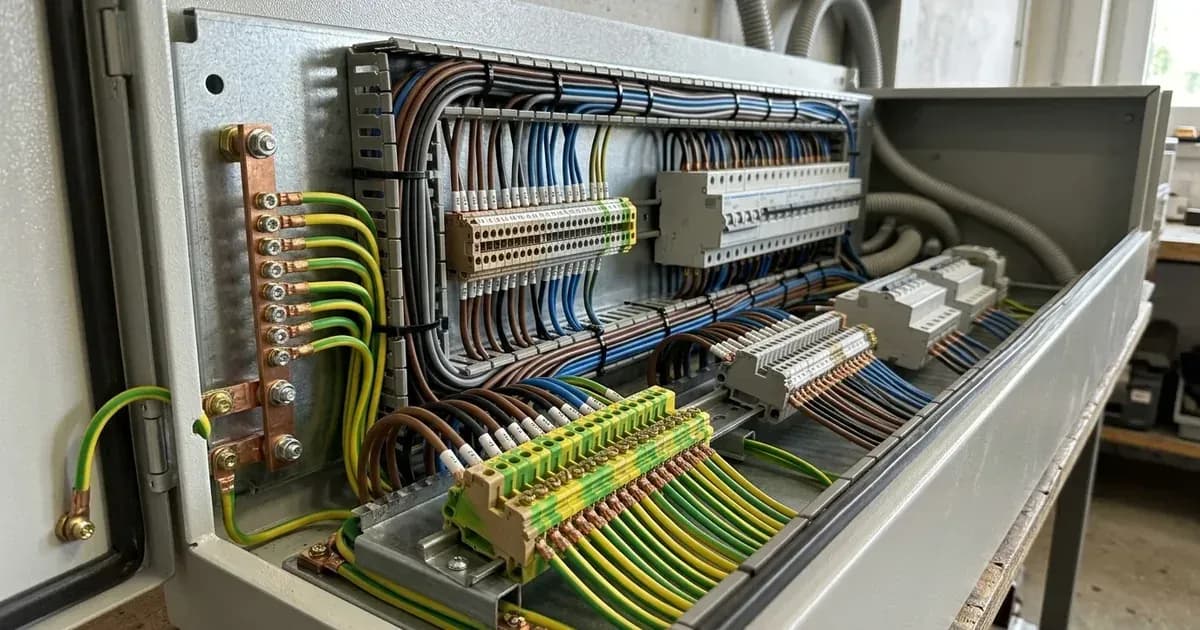 Organized electrical control box with neatly routed wiring, terminal strips, and an earthing busbar. — SolarNevs spec card