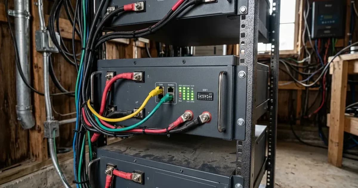 Rack-mounted lithium battery unit with communication cables, power terminals, and indicator lights. — SolarNevs spec card
