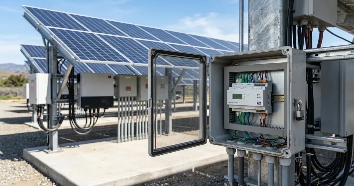 Plant controller module in an outdoor enclosure near ground-mounted commercial solar arrays and inverters. — SolarNevs spec card