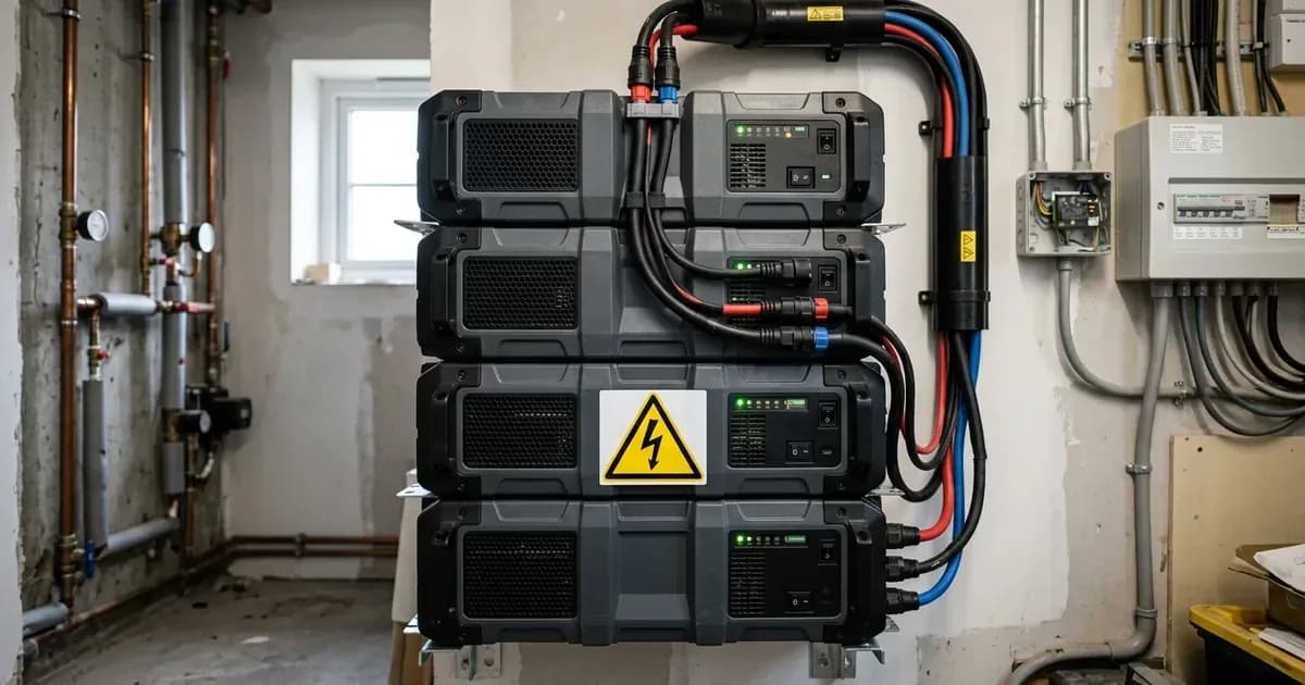 Modular residential high-voltage battery storage stack mounted on a wall with heavy-gauge cabling. — SolarNevs spec card