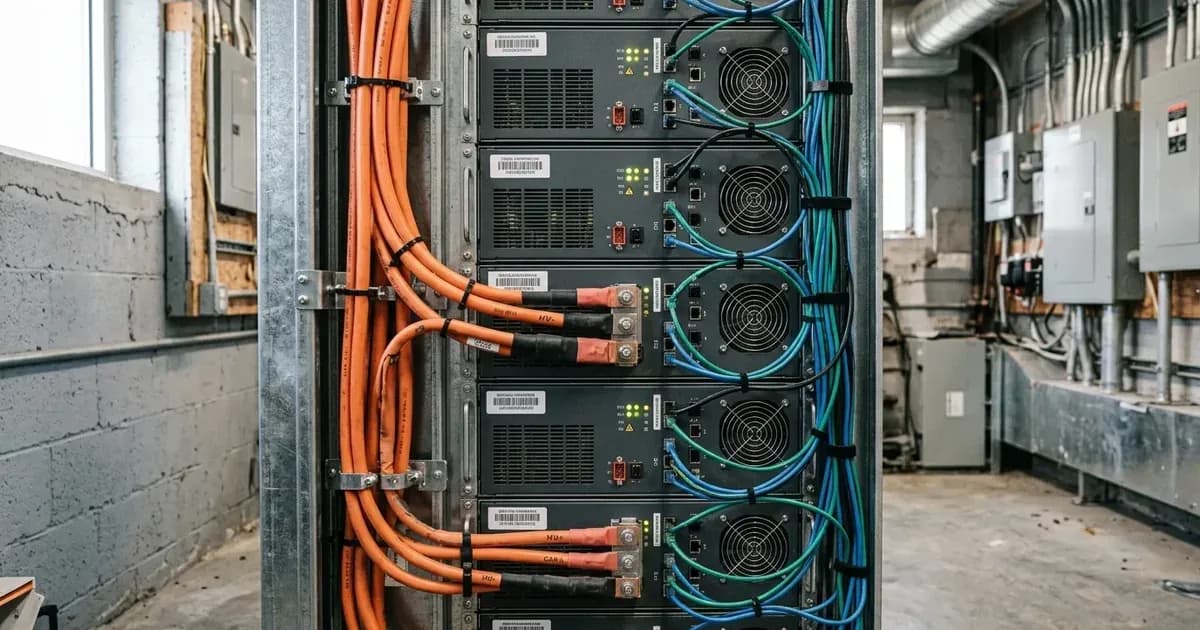 High-voltage modular battery rack with orange DC power cables and communication lines in a utility room. — SolarNevs spec card