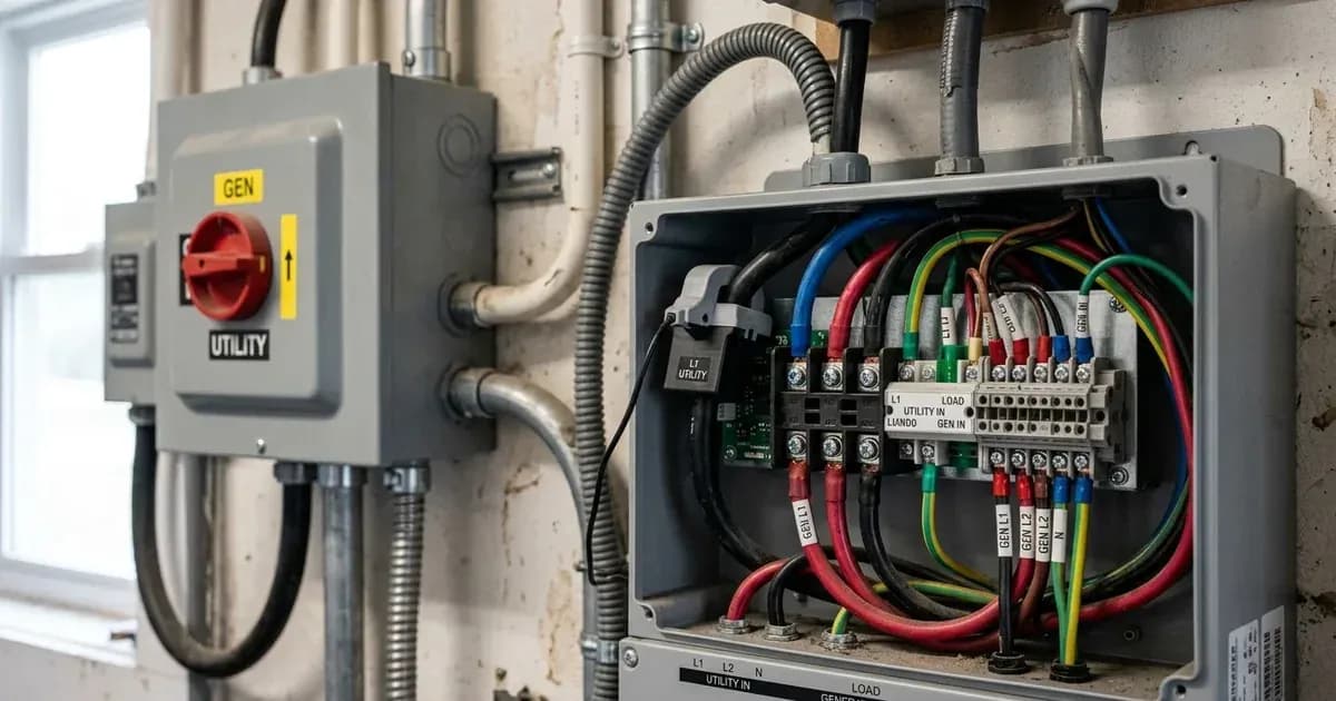 Inverter terminal block with CT sensor clamp on utility wire and backup generator wiring. — SolarNevs spec card