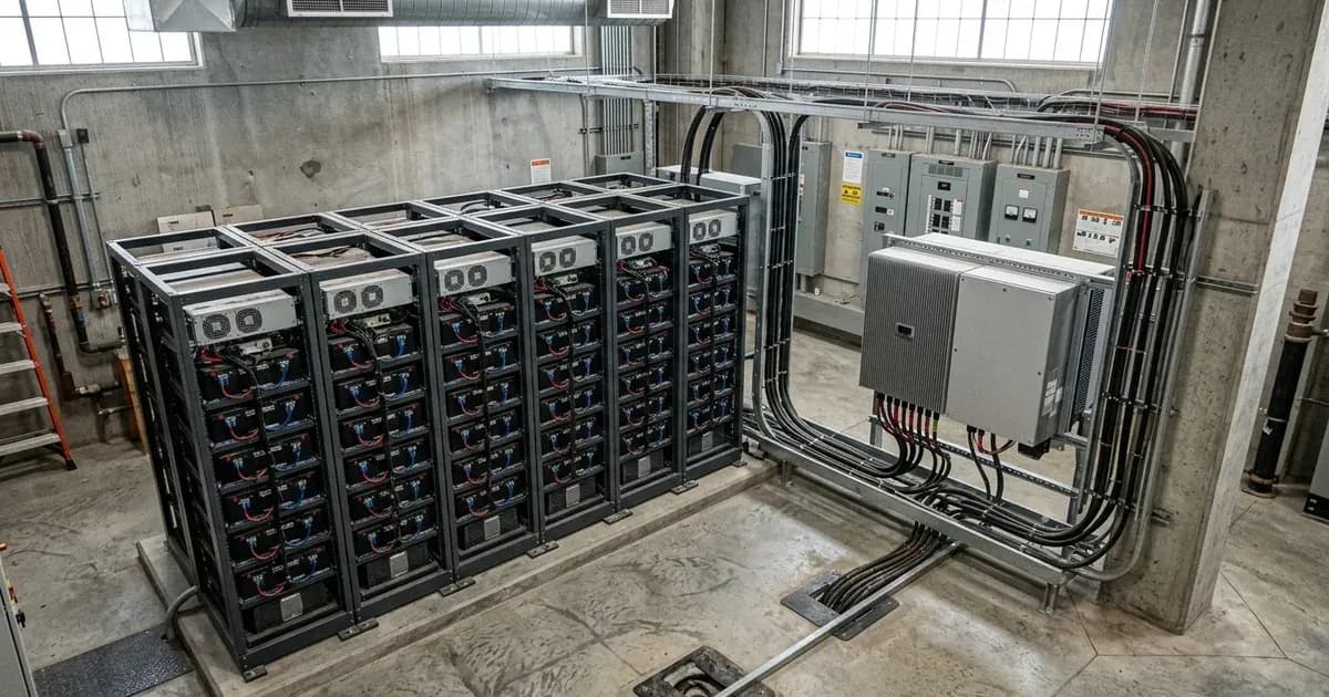 Multi-rack commercial battery storage system wired to a three-phase inverter in a plant utility room. — SolarNevs spec card