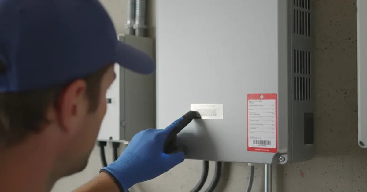 A close-up photo of a SolarMax inverter with a service tag attached, or a technician pointing to a serial number label — SolarNevs spec card