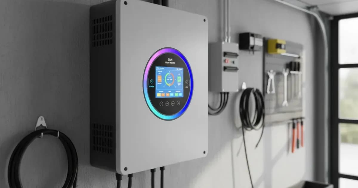 A clear, well-lit shot of a Sorotec REVO VM IV inverter, highlighting its 5-inch colored LCD and LED ring — SolarNevs spec card
