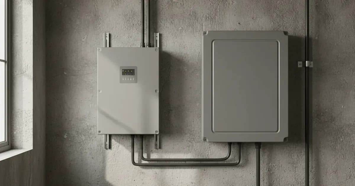 A Sungrow COM100E smart communication box mounted on a wall next to an inverter — SolarNevs spec card