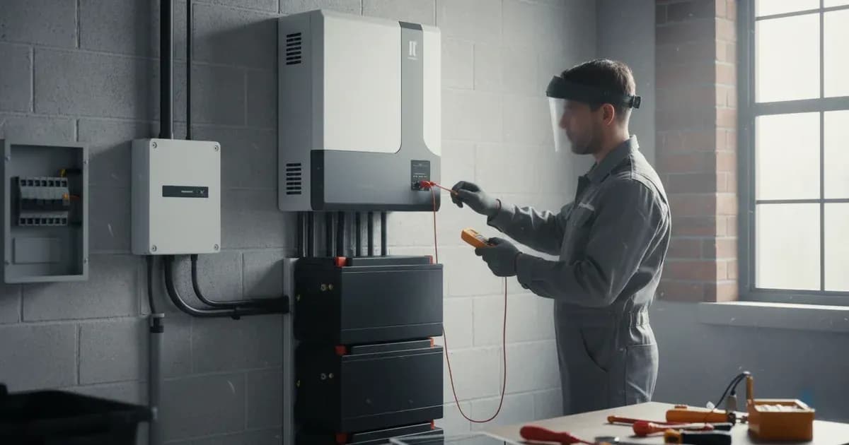 An accredited installer performing safety checks on a hybrid inverter and battery storage system — SolarNevs spec card