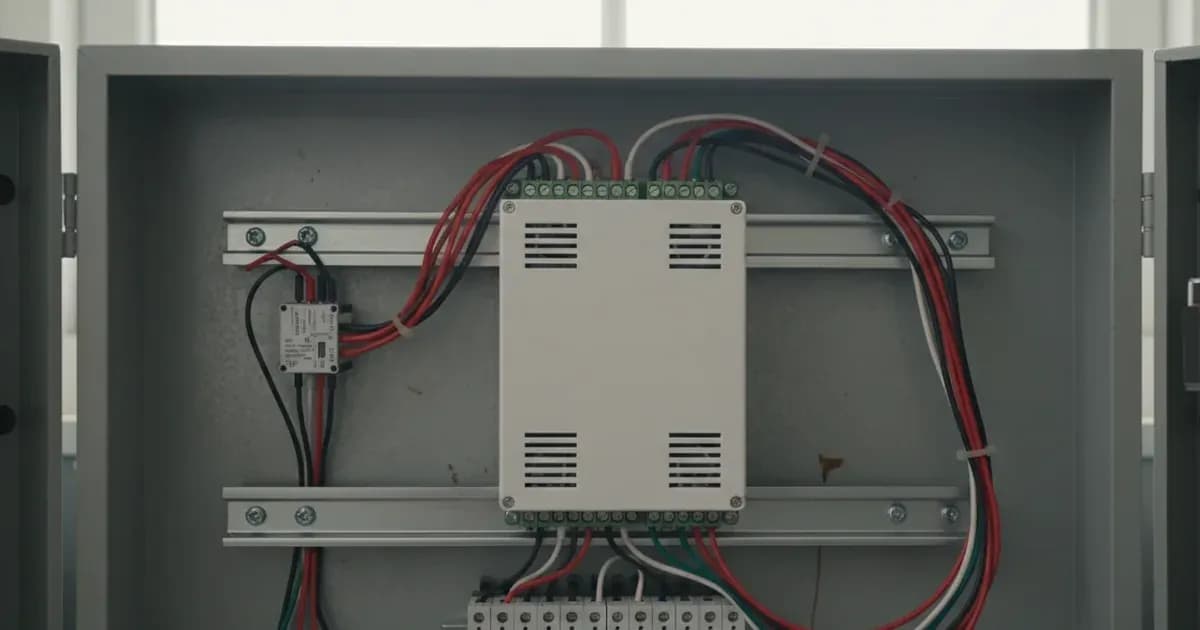 A Tigo Cloud Connect Advanced (CCA) unit mounted on a DIN rail, with associated wiring — SolarNevs spec card