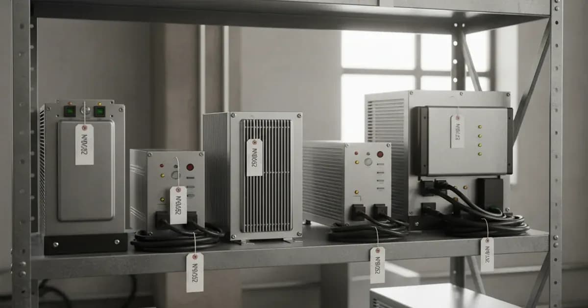 A clear photo of various solar inverters or UPS units on a shelf, with price tags visible — SolarNevs spec card