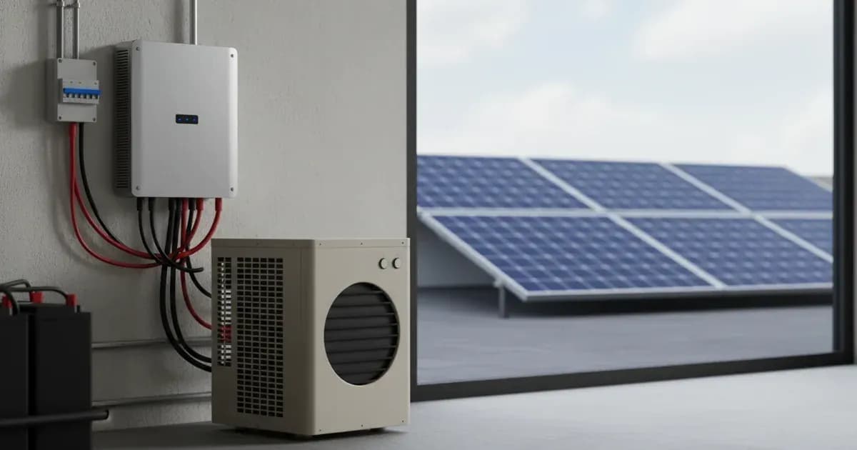 Photo of a modern solar hybrid inverter next to a traditional UPS unit, possibly with solar panels visible in the background — SolarNevs spec card