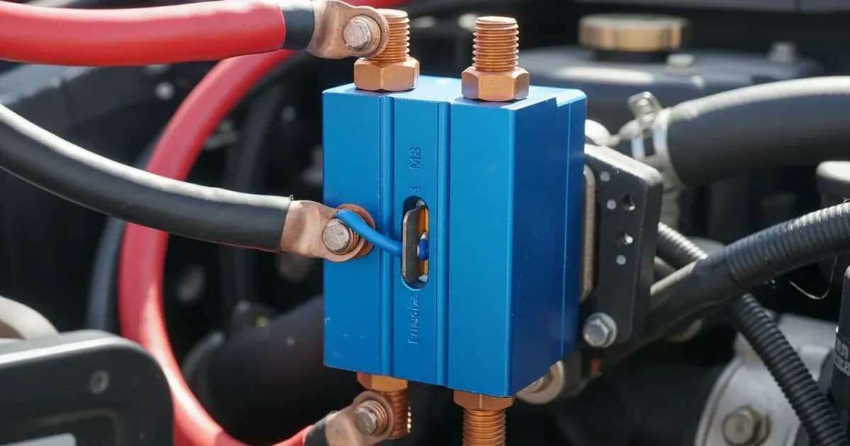 A close-up photo of a Victron Argofet isolator showing the M8 terminals and the 'Energize' blade terminal, with heavy gauge wires connected — SolarNevs spec card