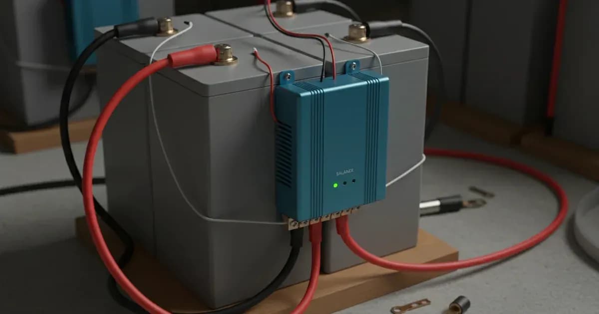 Close-up photo of a Victron Battery Balancer installed on a battery bank, showing wiring connections and LED indicators — SolarNevs spec card
