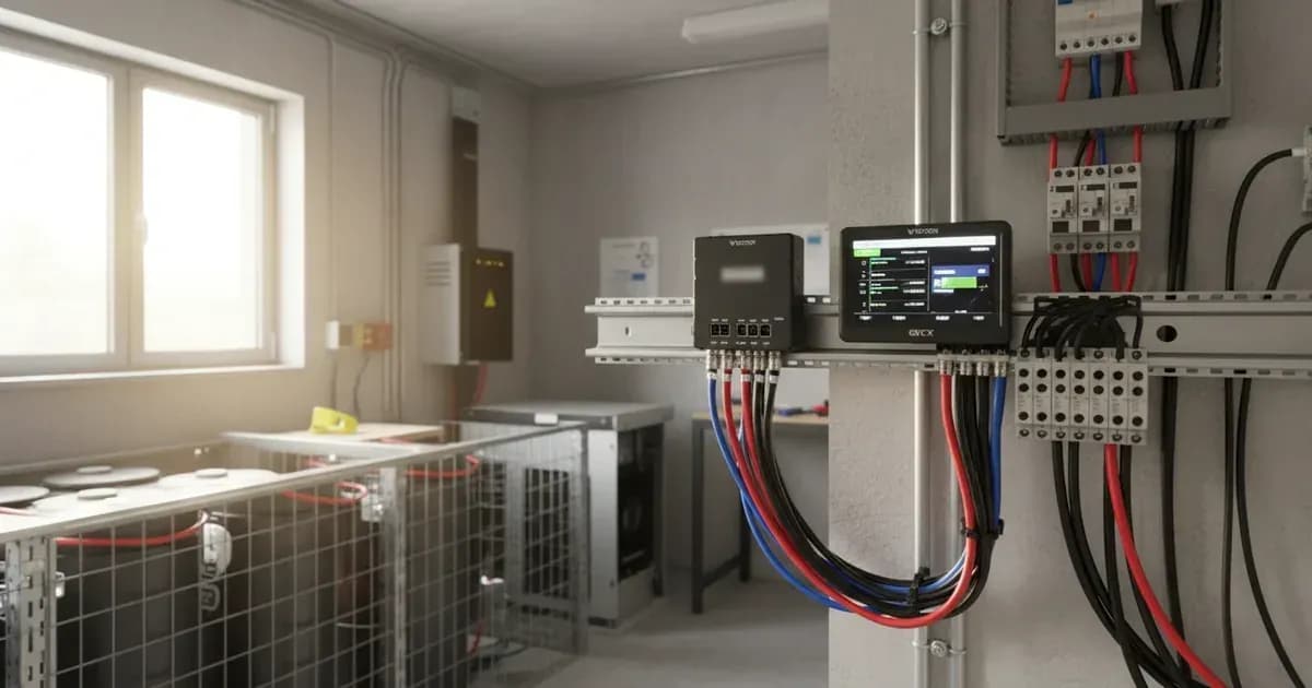 Victron Cerbo GX system controller mounted on a DIN rail alongside GX Touch 50 display in a solar energy storage control room — SolarNevs spec card