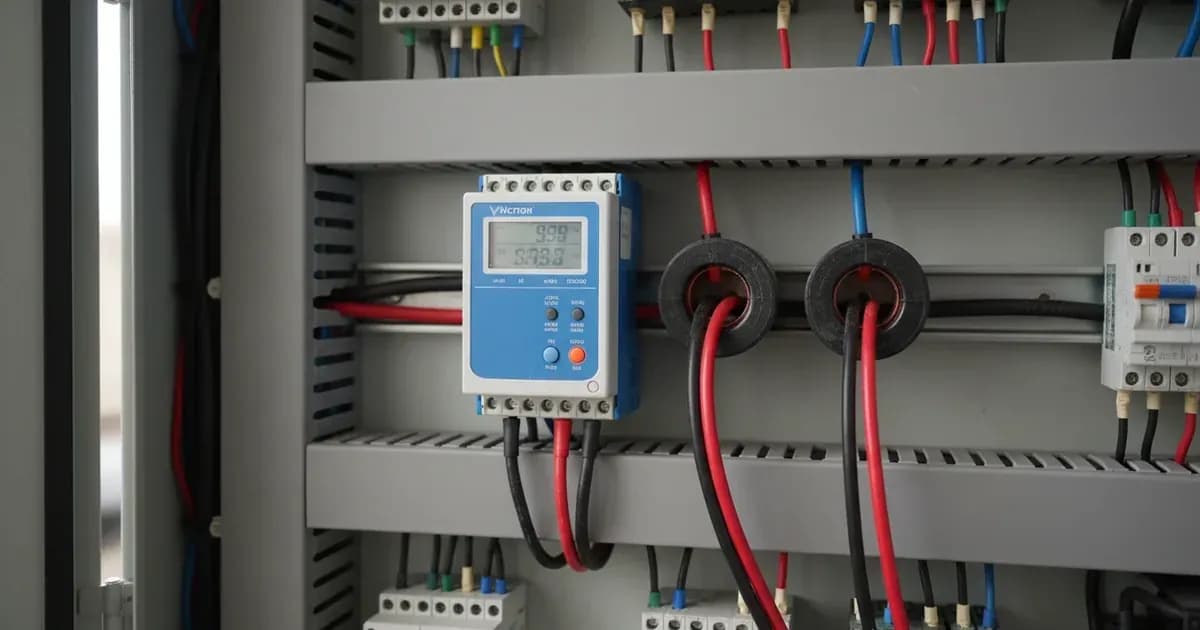 Close-up photo of the Victron EM530 Energy Meter mounted on a DIN rail with CTs connected — SolarNevs spec card
