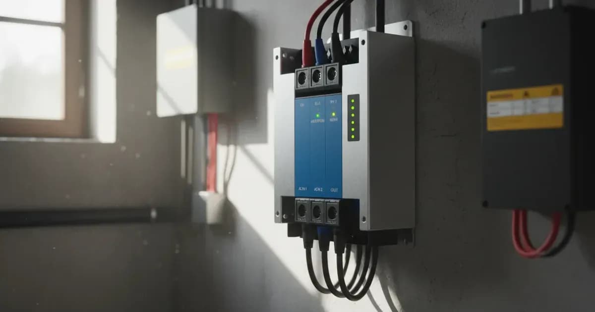 Close-up photograph of the Victron Multi RS Solar 48/6000 inverter-charger showing AC connections, dual MPPT terminals, and status LEDs — SolarNevs spec card