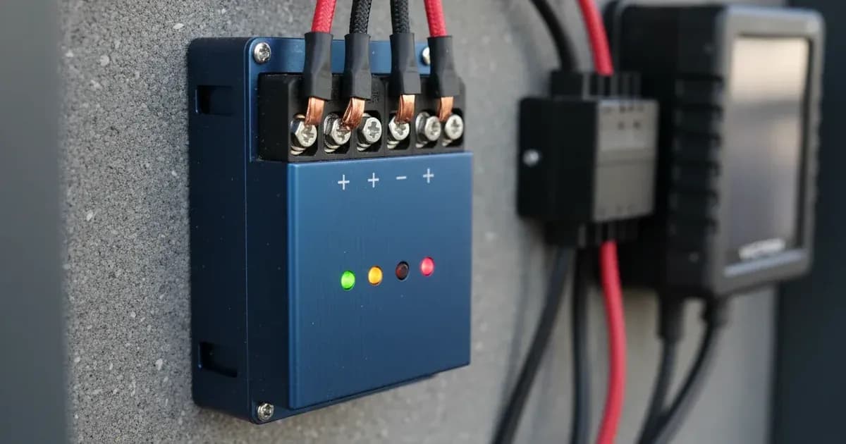 Close-up photograph of the compact Victron Orion XS 12/12-50A DC-DC battery charger showing the screw terminals and status indicators — SolarNevs spec card