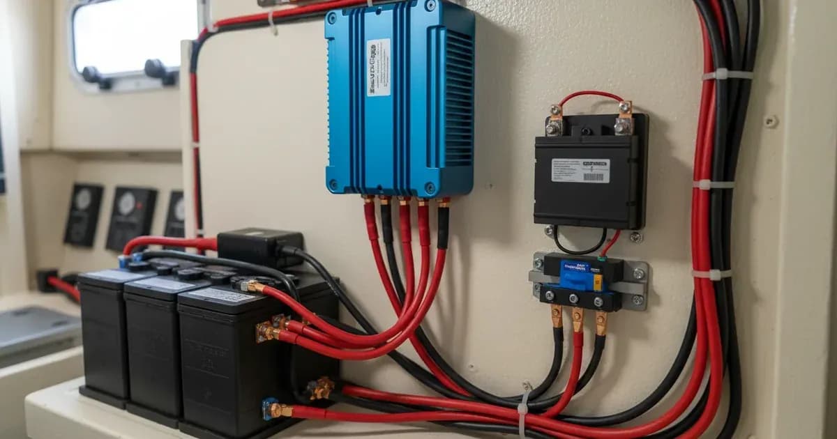 Victron Phoenix Smart IP43 battery charger mounted on a marine bulkhead with isolated DC wiring connecting service and starting battery banks — SolarNevs spec card