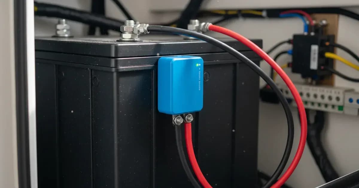 Victron Smart Battery Sense unit adhered to the side of a 12V lithium battery casing with M10 eyelet leads connected to the battery posts — SolarNevs spec card