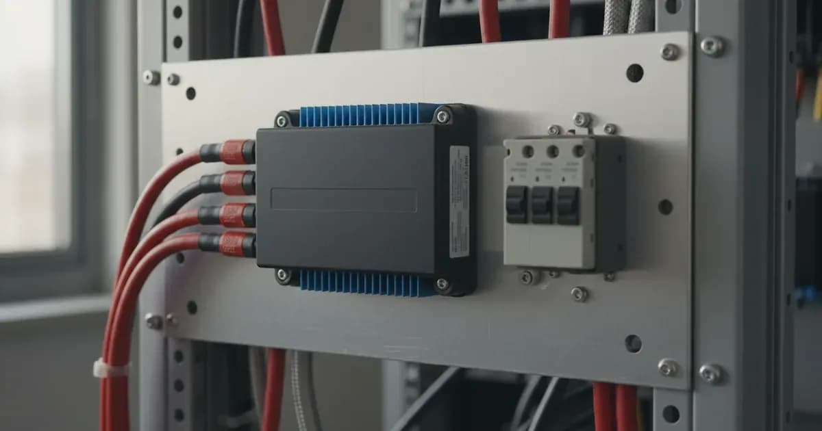 Victron Smart BatteryProtect 48V 100A solid-state DC disconnect module installed on an equipment backplate protecting a 48V DC distribution subpanel — SolarNevs spec card