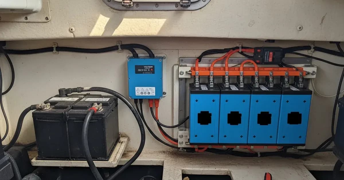 Victron Smart BMS CL 12-100 unit installed adjacent to an engine starter battery and Victron Lithium Smart LiFePO4 battery bank in a marine vessel — SolarNevs spec card