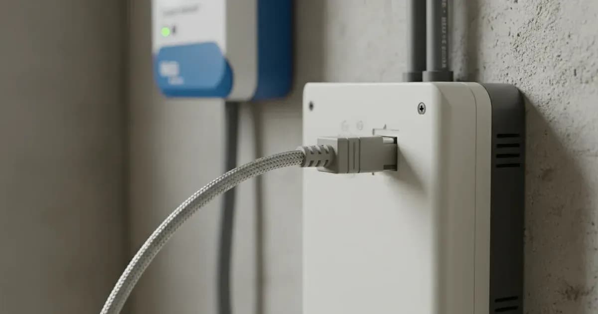 A close-up of a shielded twisted-pair cable connecting to an inverter's communication port, with a WeCo Cluster Controller visible in the background — SolarNevs spec card
