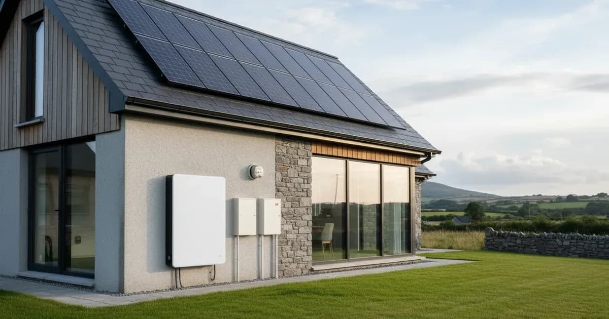 A Tesla Powerwall 3 unit mounted on an exterior wall of a modern Irish home, with a solar array visible on the roof — SolarNevs spec card