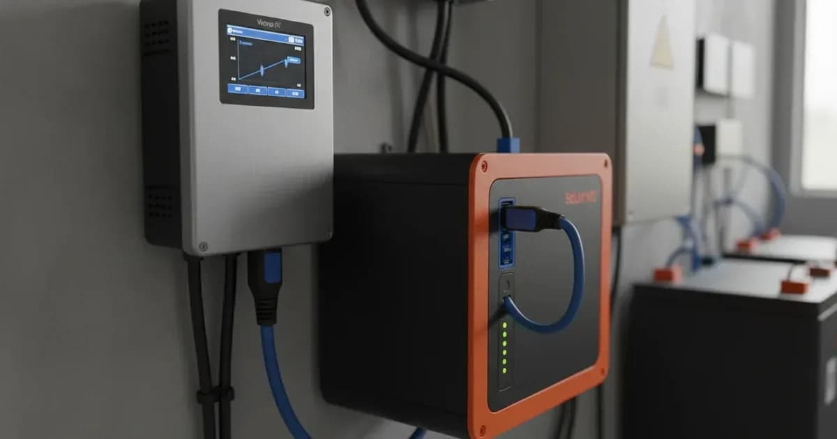 A close-up photo of a Victron GX device connected via CAN-bus to a Solar MD battery module — SolarNevs spec card
