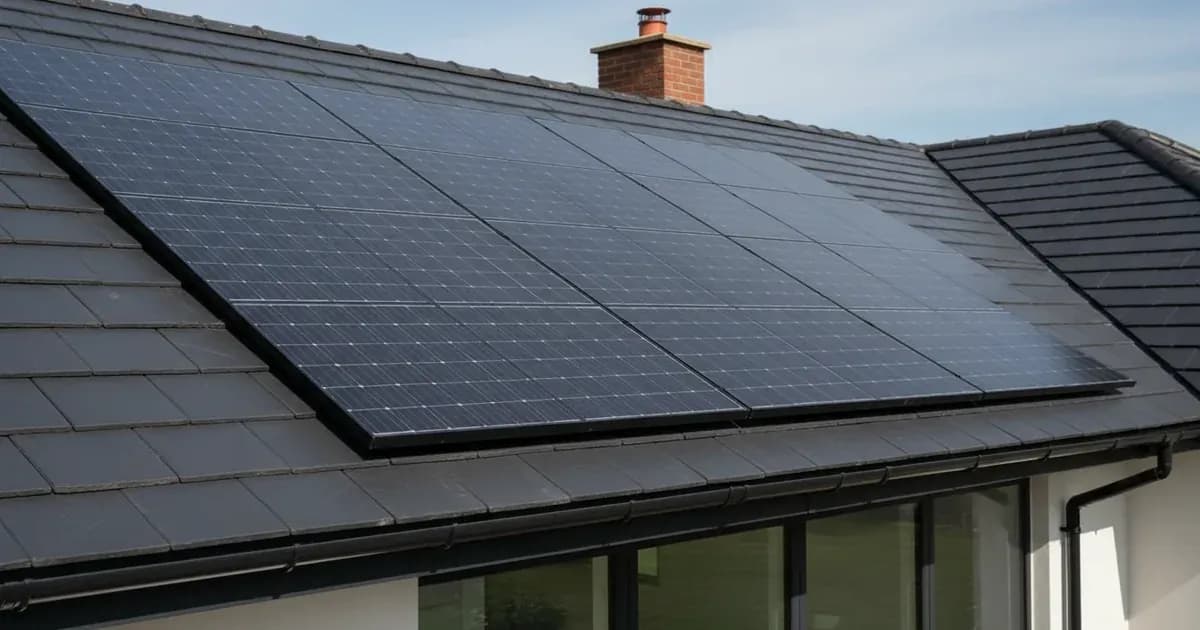 A close-up of flush-fitting in-roof solar PV tiles seamlessly integrated into a modern UK roof, showing no visible gaps or mounting hardware — SolarNevs spec card