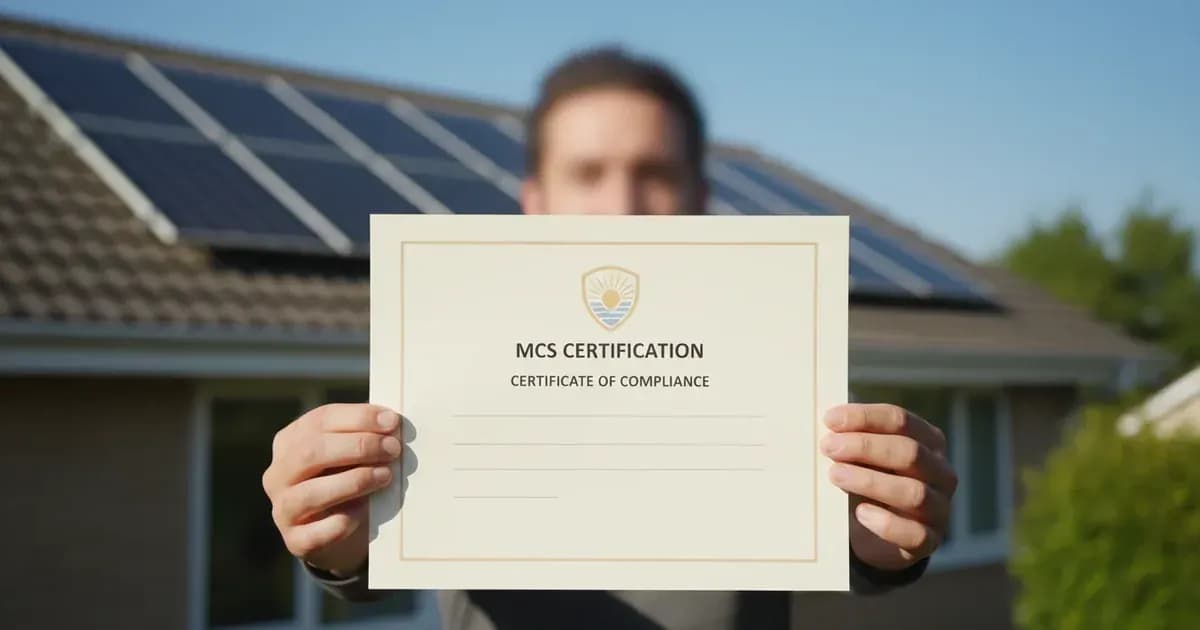 A close-up of an MCS certificate being held by a homeowner, with solar panels visible in the background — SolarNevs spec card