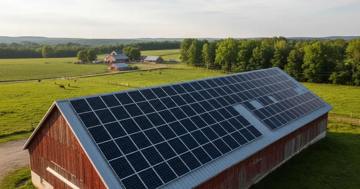 A solar PV array on a farm building rooftop — SolarNevs spec card