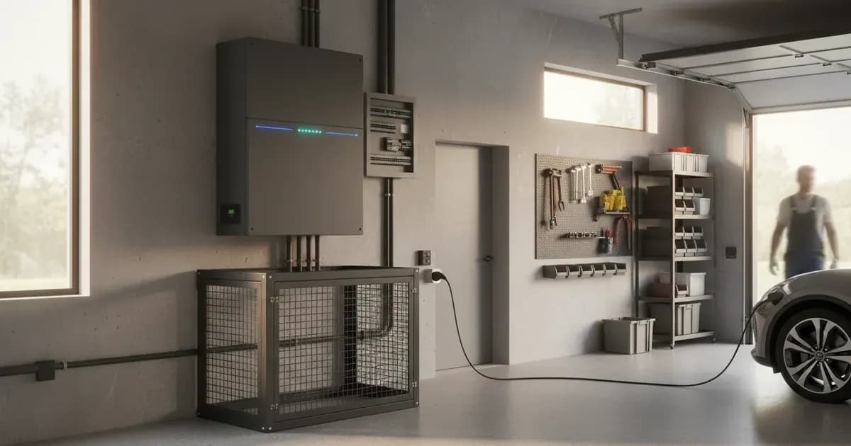 A solar battery unit installed in a well-protected garage environment — SolarNevs spec card