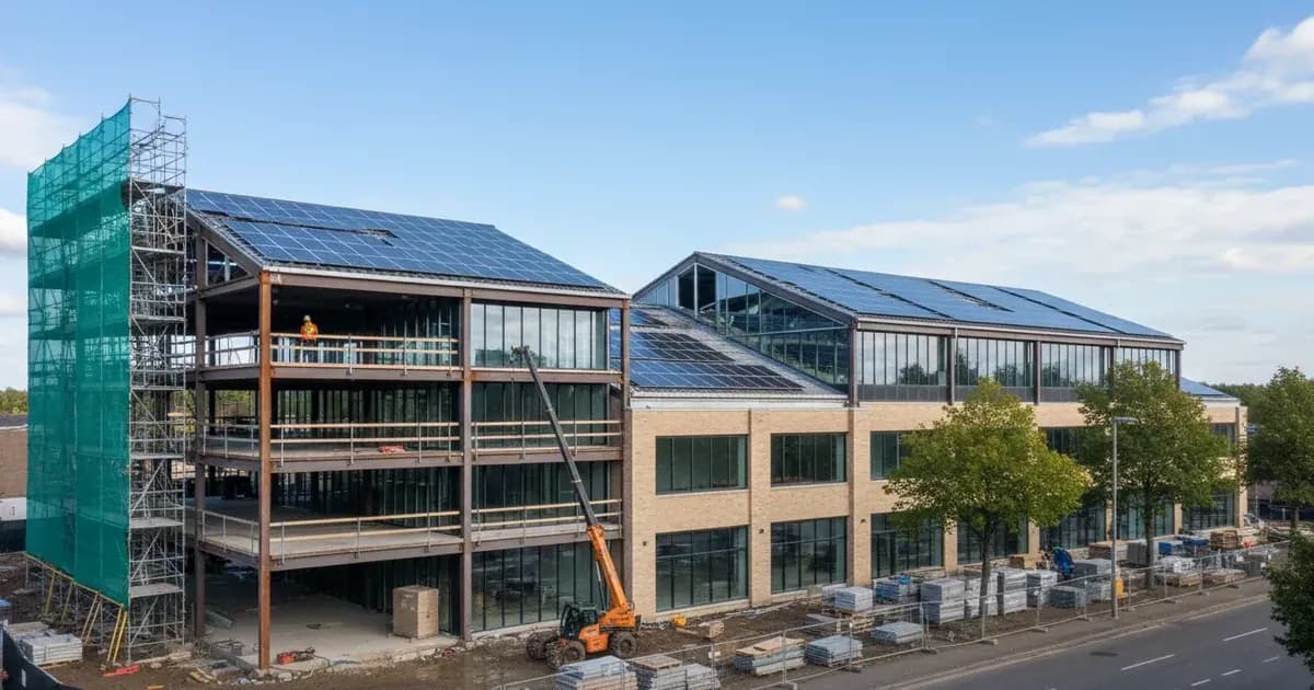 A commercial building undergoing an extension, with solar panels visible on the roof — SolarNevs spec card