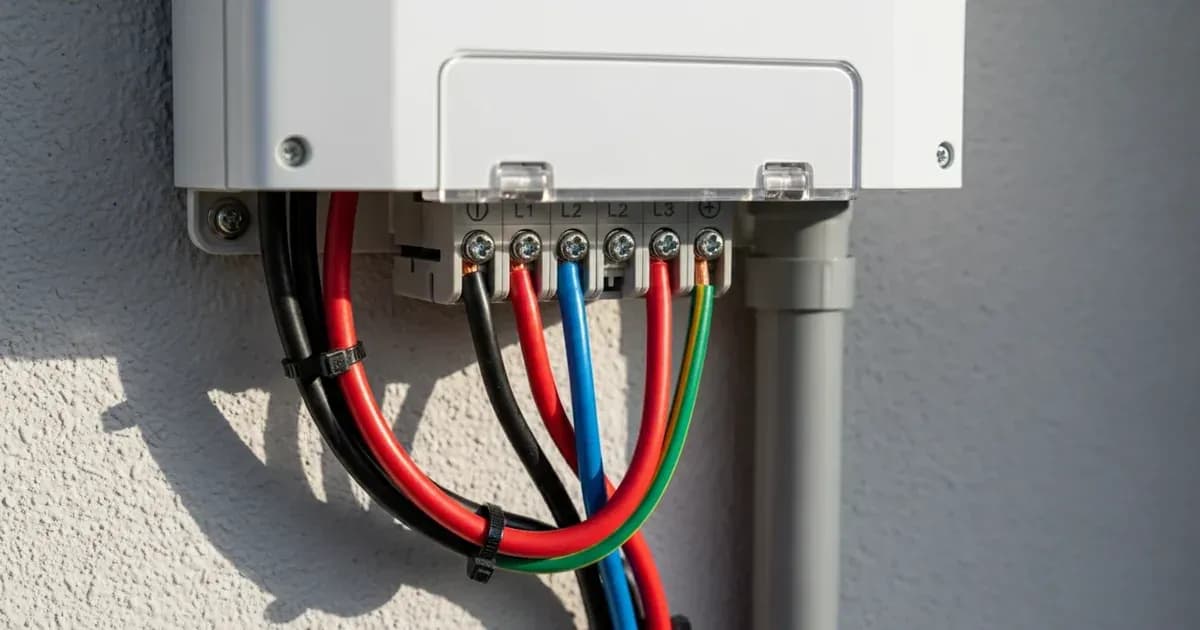 A close-up of a solar PV inverter's AC wiring connection point, clearly labelled, with a focus on neat, compliant installation — SolarNevs spec card