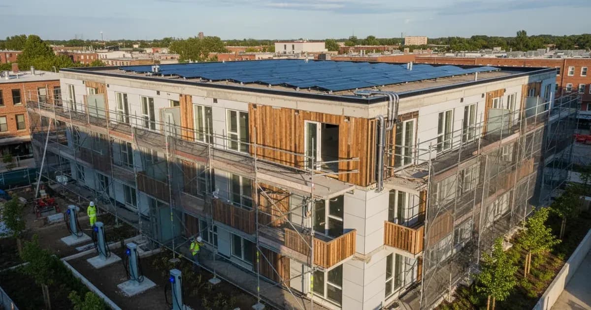 A new residential building under construction with visible EV charge point infrastructure and rooftop solar panels — SolarNevs spec card