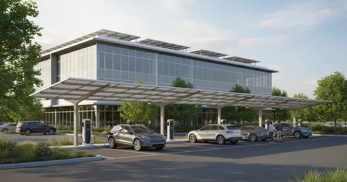 Commercial building with rooftop solar panels and EV charging carports in the parking area. — SolarNevs spec card
