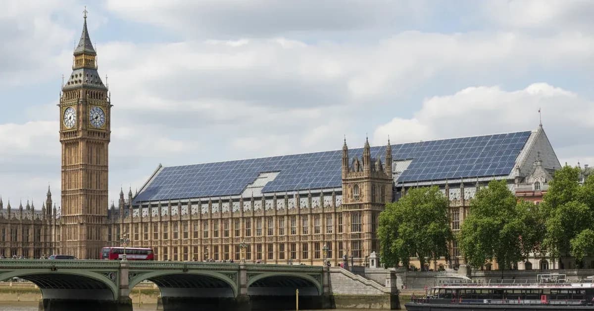 View of the UK Parliament and River Thames with solar panels on an adjacent rooftop. — SolarNevs spec card