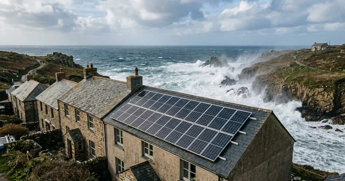 Solar panel array mounted on a slate rooftop of a coastal stone house facing rough ocean waves. — SolarNevs spec card