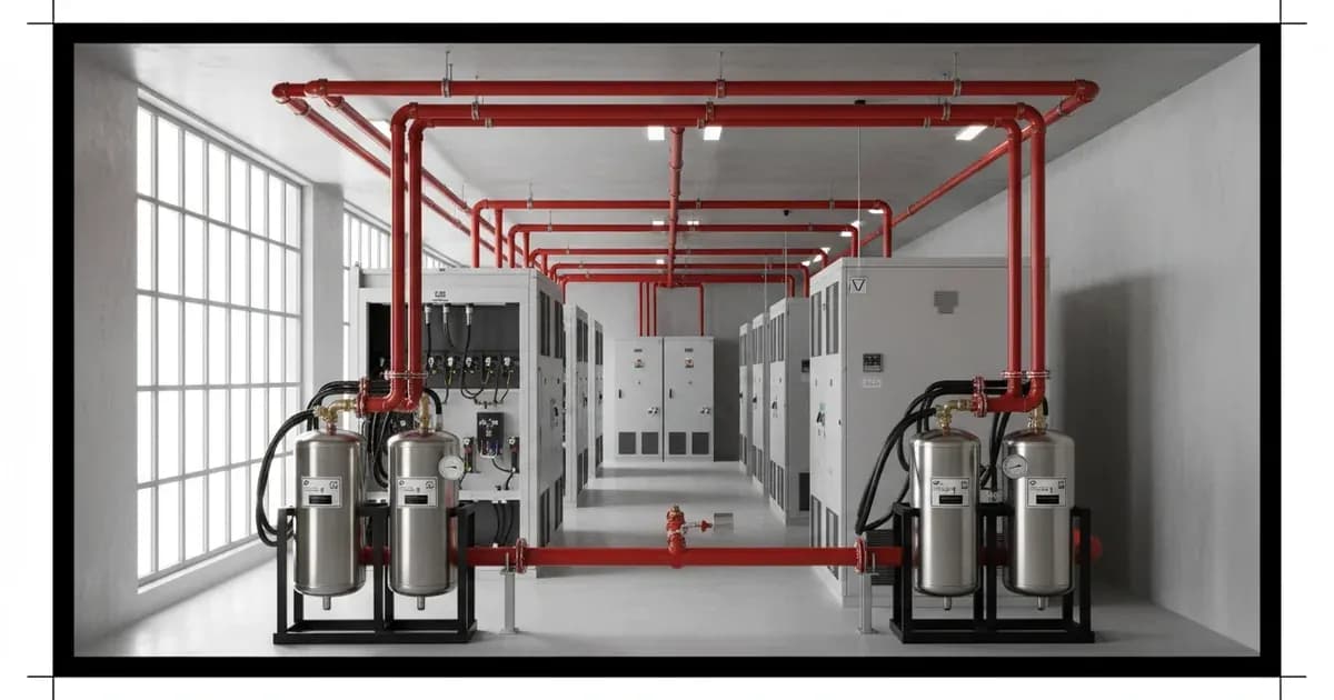 Fire suppression canisters and control panel inside a commercial battery energy storage room. — SolarNevs spec card