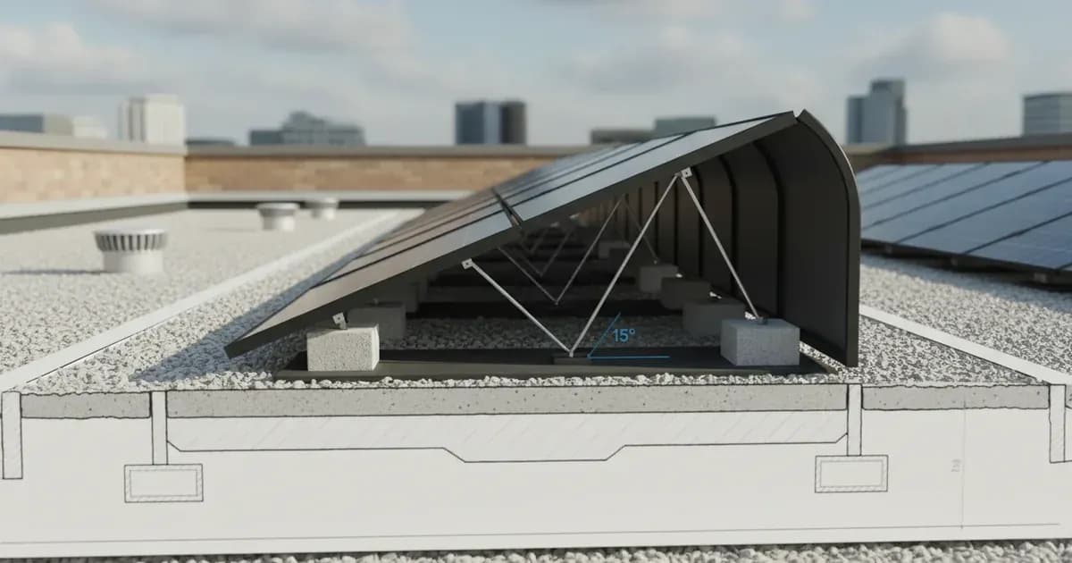 A high quality technical diagram of uk commercial flat roof solar ballasting and wind deflector guide — SolarNevs spec card