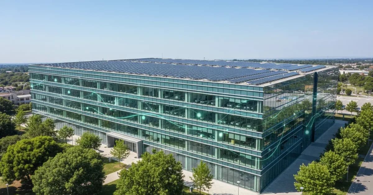 A commercial building with solar panels on its roof, with a subtle overlay indicating energy flow to tenants — SolarNevs spec card