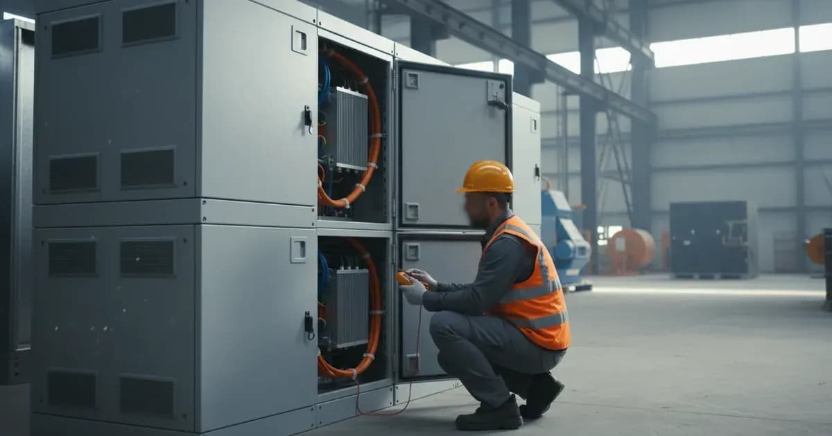 A close-up of a commercial battery storage unit with a technician performing a check, possibly with a multimeter, in a UK industrial setting — SolarNevs spec card