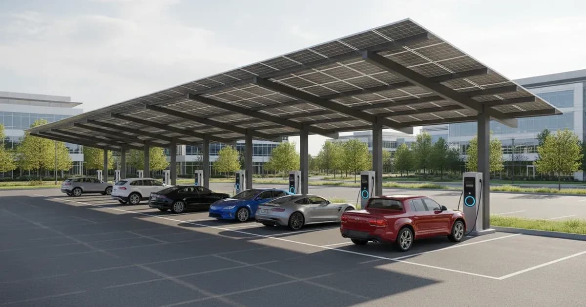 A large, modern commercial solar carport with multiple EV charging points, showing cars charging — SolarNevs spec card