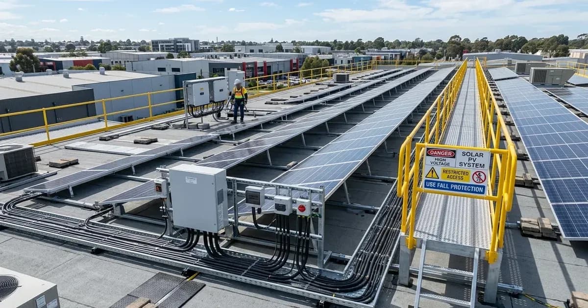 Commercial rooftop solar array with yellow safety walkways, cable trays, and electrical junction boxes. — SolarNevs spec card