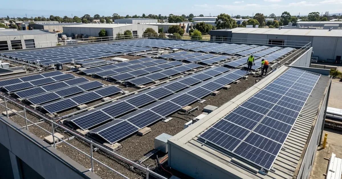 Low-profile ballasted solar panels mounted on a commercial flat roof with perimeter safety railings. — SolarNevs spec card