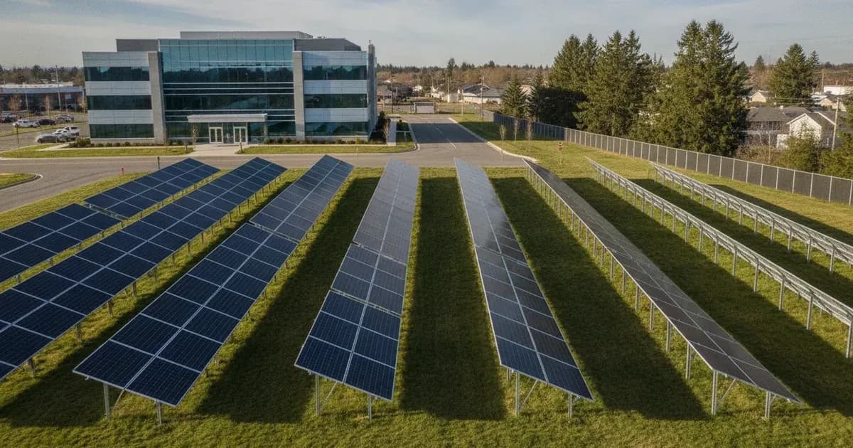 A ground-mounted solar array within the curtilage of a commercial building, clearly showing its distance from the building and boundary — SolarNevs spec card