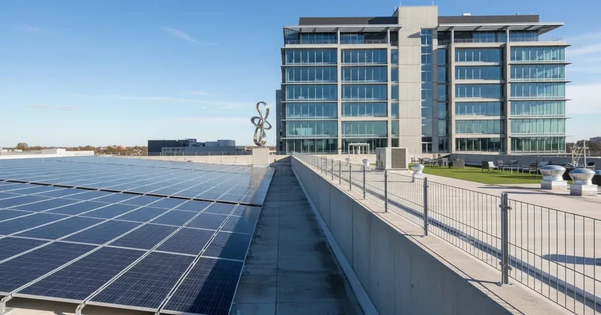 A commercial rooftop solar array with a modern office building in the background, showing a clear distinction between landlord and tenant spaces — SolarNevs spec card